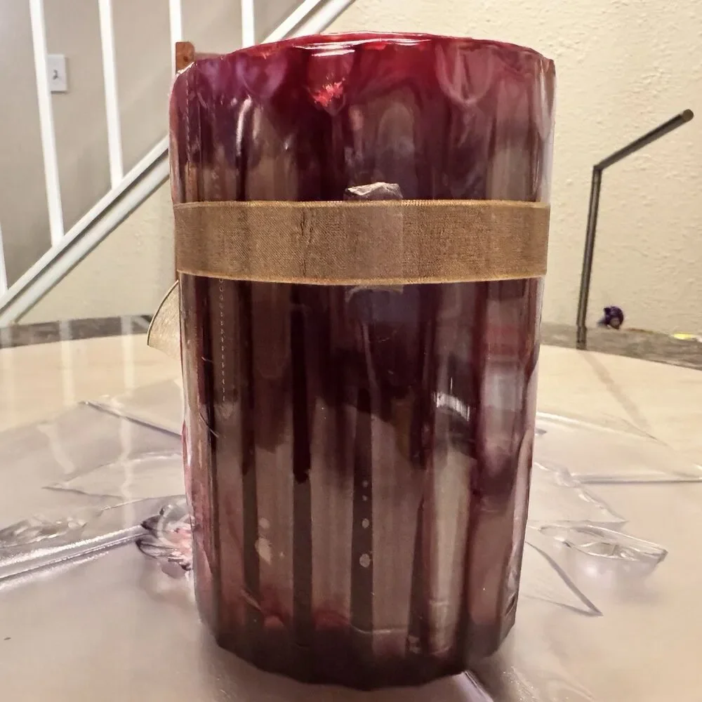 Pier 1 Sugar Plum 4x6 Ribbed Pillar Candle w/ Gold Ribbon & Jewel Charm Holiday